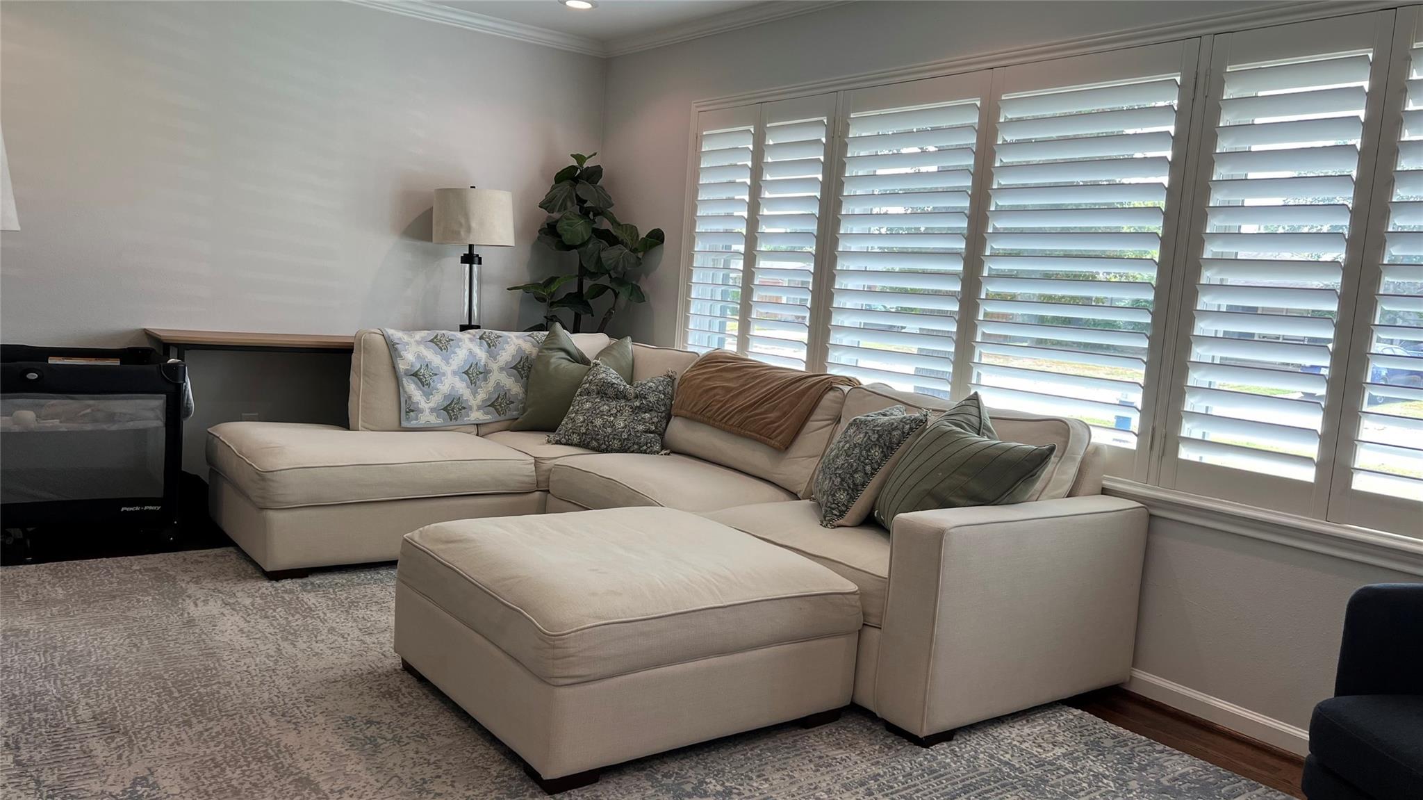 Living room with a cream sectional sofa, patterned rug, and wide plantation-shuttered windows.