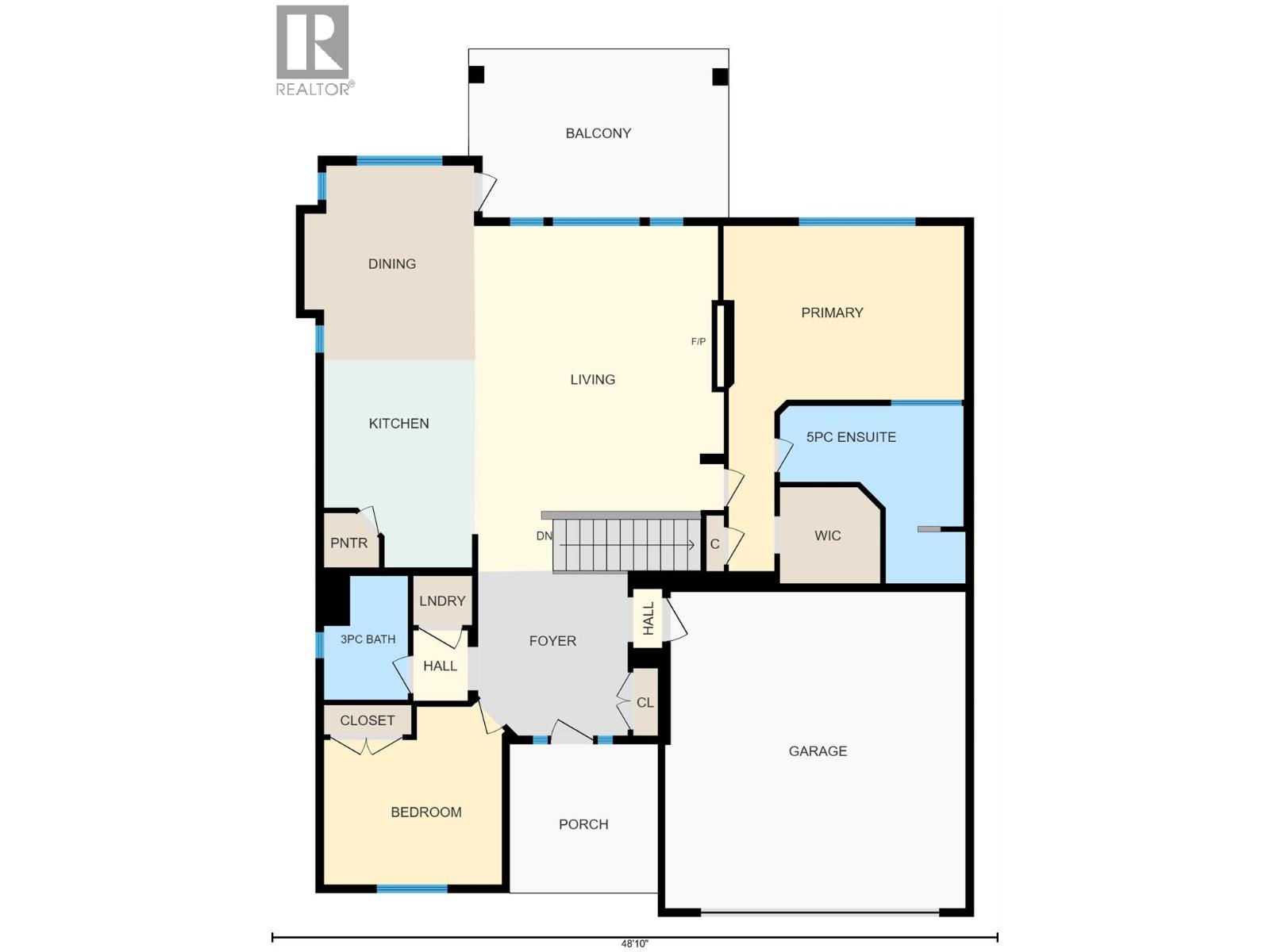 Floor plan with two bedrooms, two bathrooms, balcony, porch, and garage.