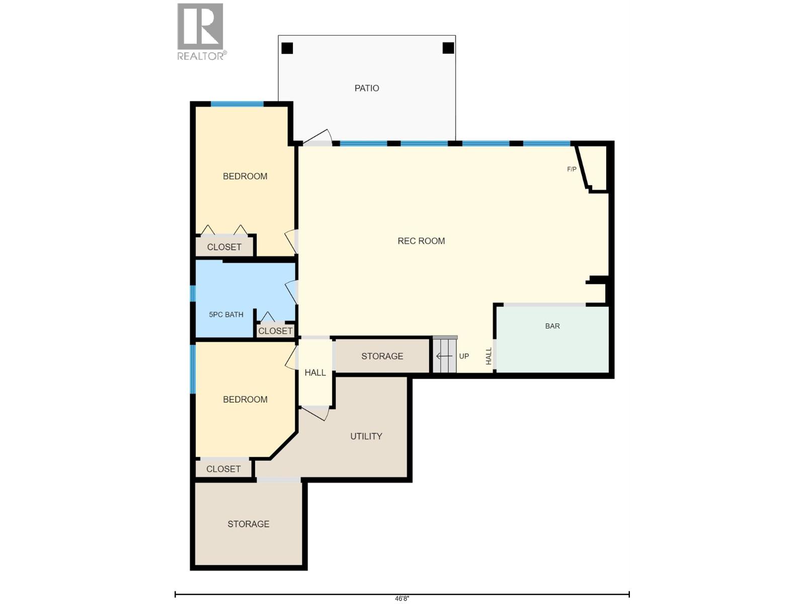 Floor plan showing two bedrooms, a bathroom, recreation room, bar, patio, utility space, and storage.