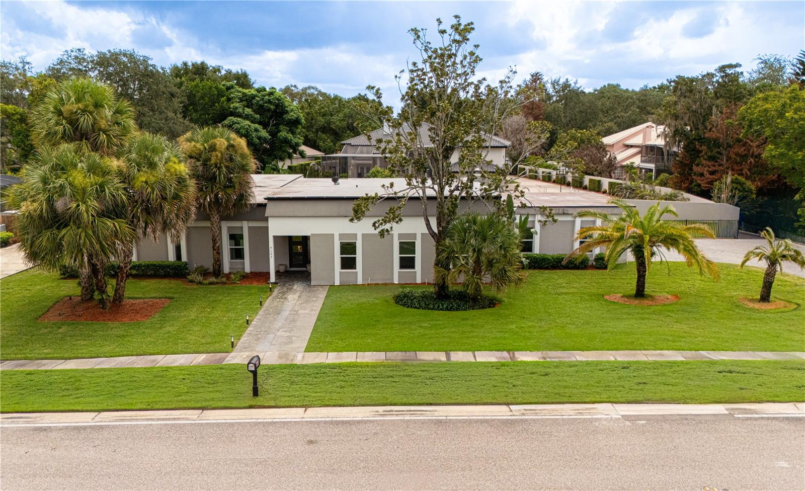 Modern single-story home with a broad lawn, palm trees, and a paved walkway to the entrance.
