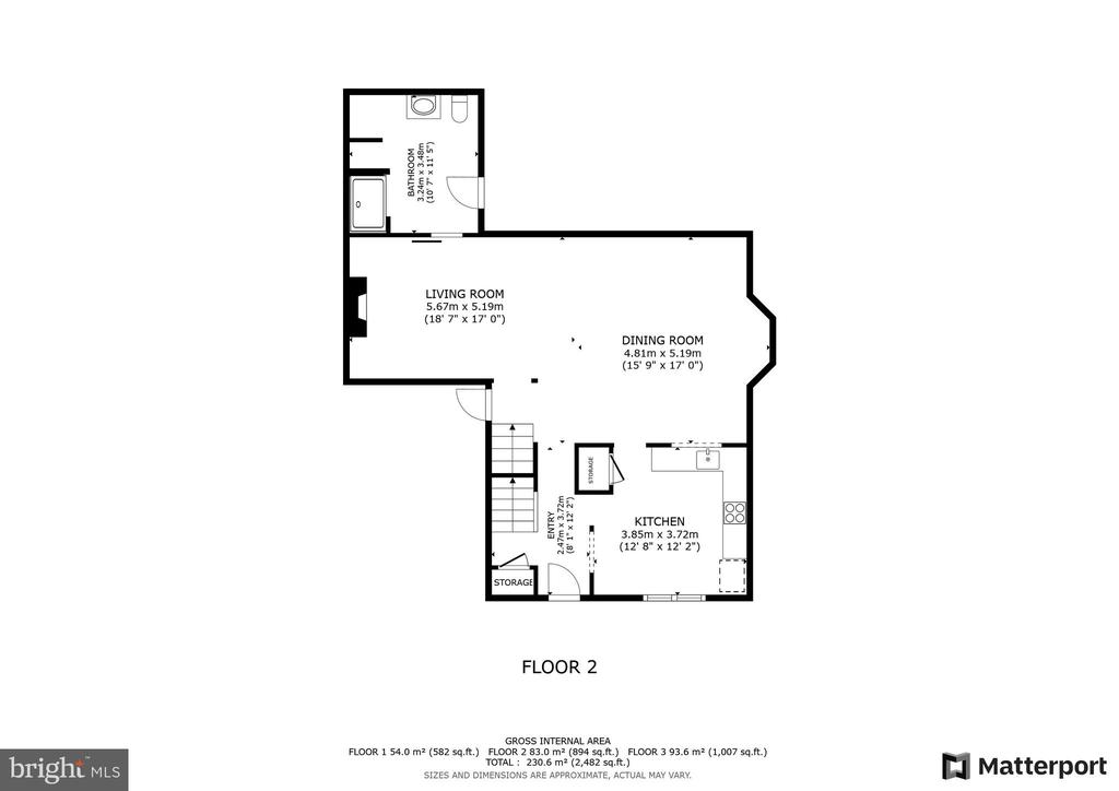 Second-floor plan with living and dining rooms, kitchen, bathroom, entry, and storage.