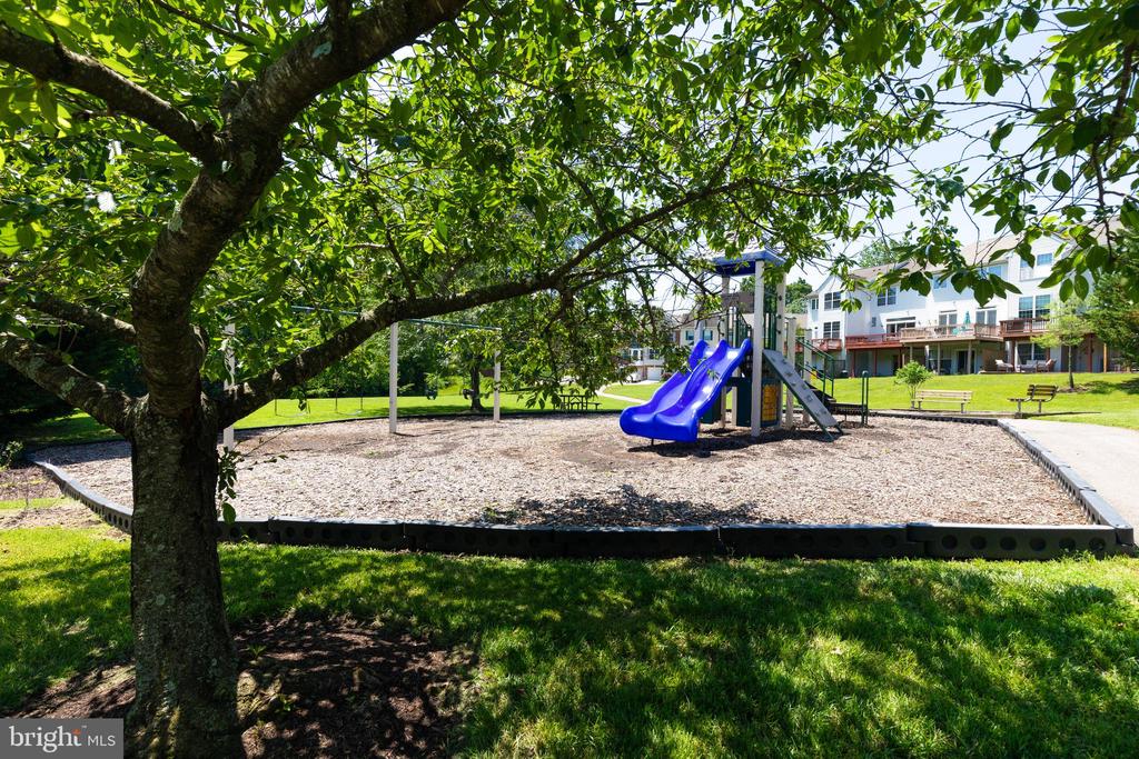 Community playground with a blue double slide, shaded by a large leafy tree.