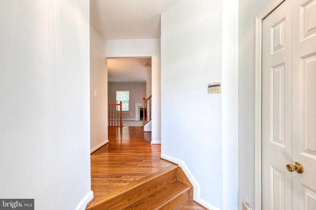 Entry hall with hardwood steps and a staircase in the distance.