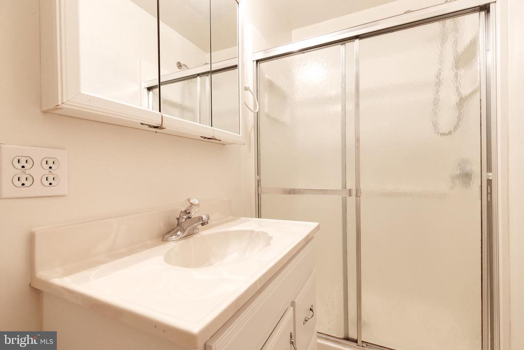 Bathroom with a white vanity, mirrored medicine cabinet, and frosted-glass shower enclosure.