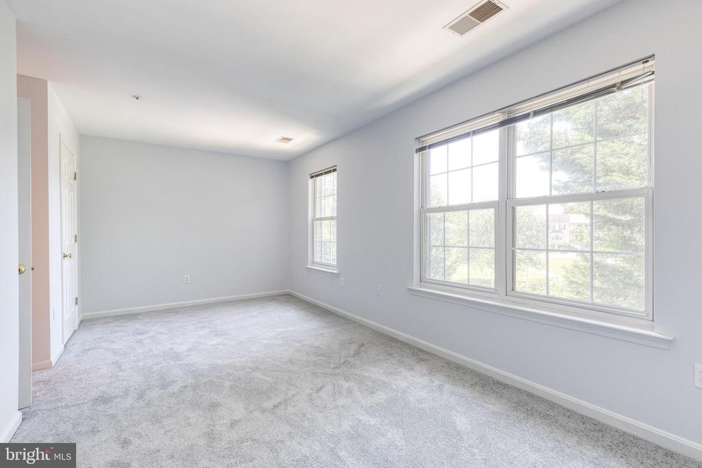 Empty carpeted bedroom with pale walls and large windows.