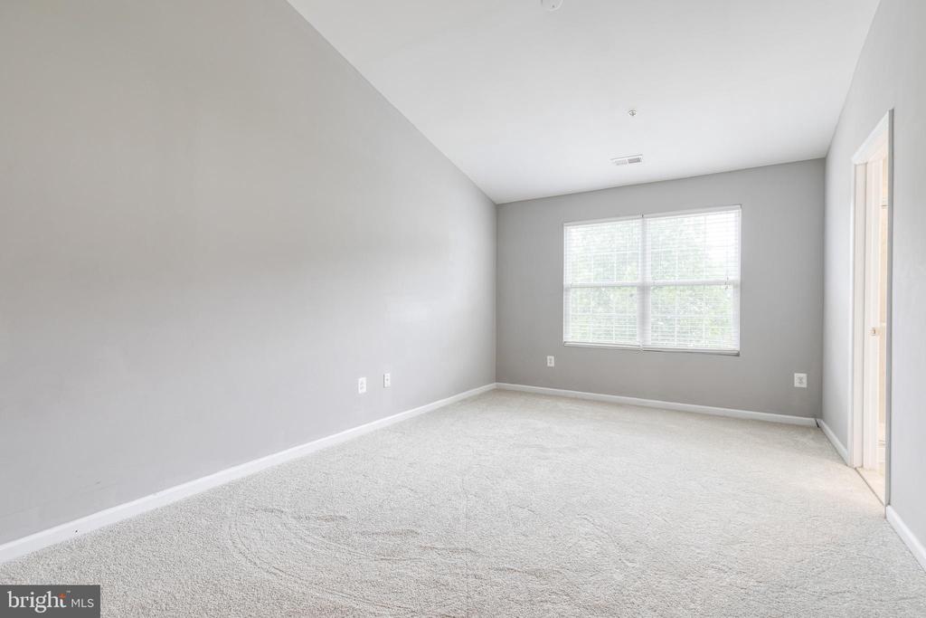 Vacant bedroom with gray walls, light carpet, and a wide window with blinds.