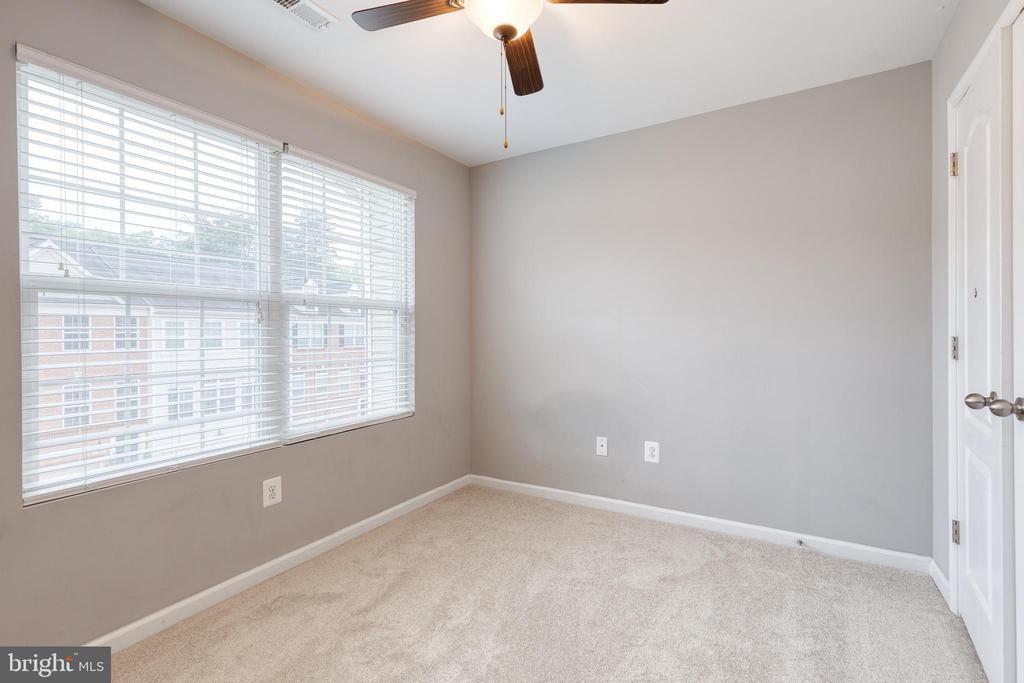 Vacant bedroom with wide blinded windows, beige carpet, and a ceiling fan with a light.