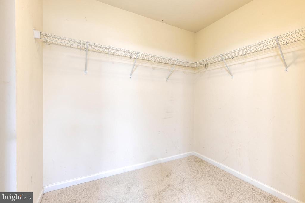 Empty walk-in closet with beige carpet and wire shelving along two walls.