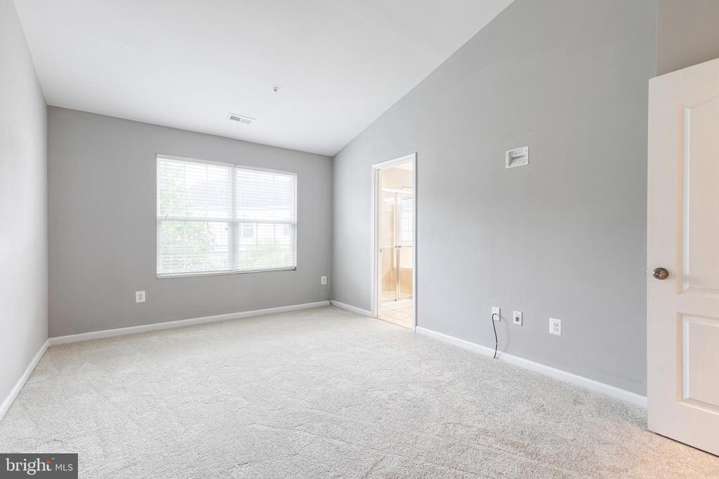 Empty bedroom with gray walls, light carpet, and a wide window with blinds.
