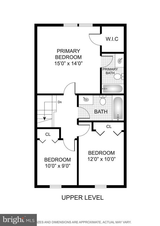 Upper-level floor plan with a primary suite, two bedrooms, and a shared bathroom.