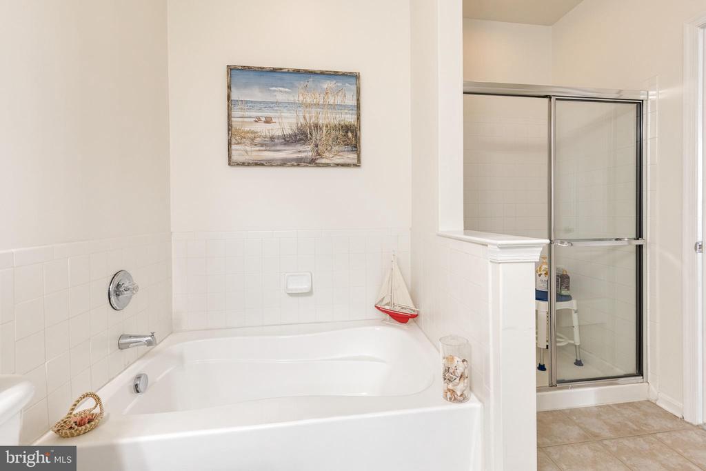 Bathroom with a built-in soaking tub and separate glass-enclosed shower.