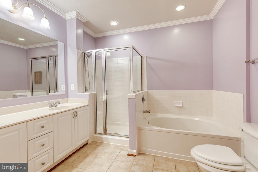 Bathroom with a white vanity, glass shower, and built-in soaking tub.