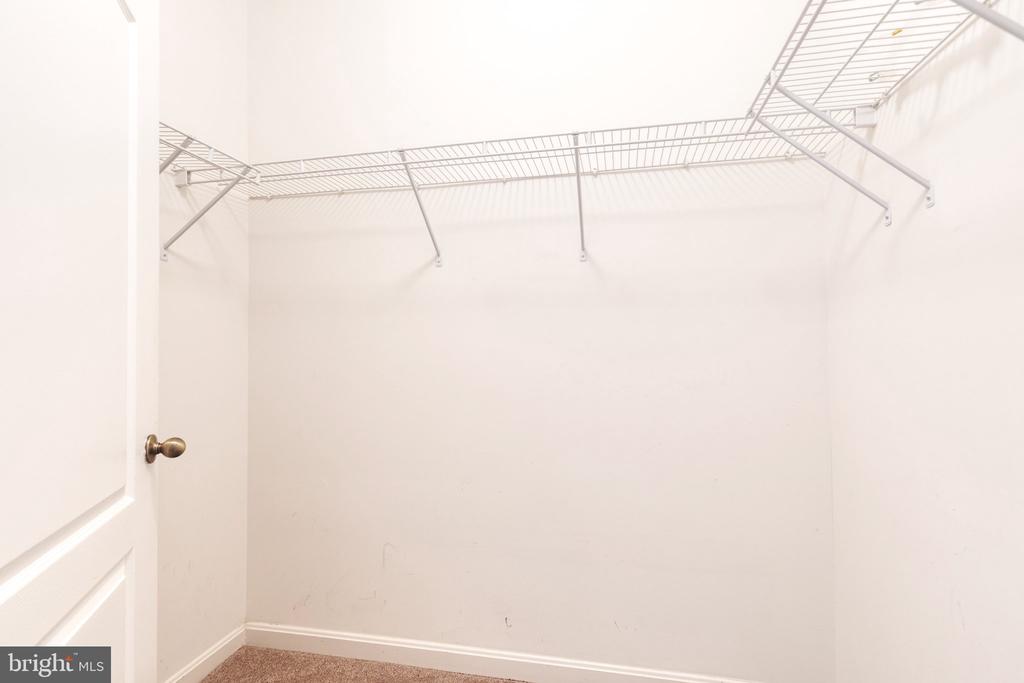 Empty walk-in closet with white wire shelving and beige carpet.