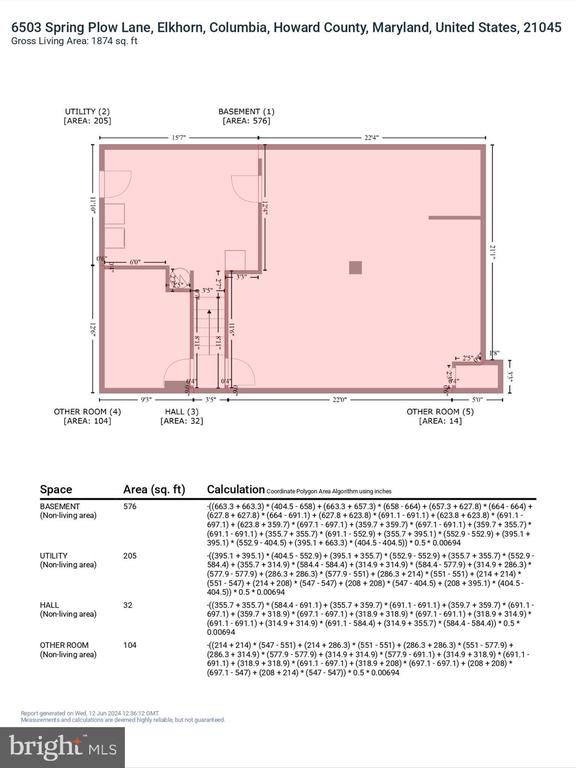 Basement floor plan with pink shading, dimensions, and labeled utility, hall, and other-room areas.
