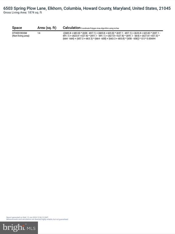 Property measurement report listing a 1,874-square-foot gross living area and a 14-square-foot other room.