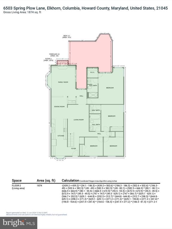 Second-floor plan with four bedrooms, living and family rooms, kitchen, baths, and deck.