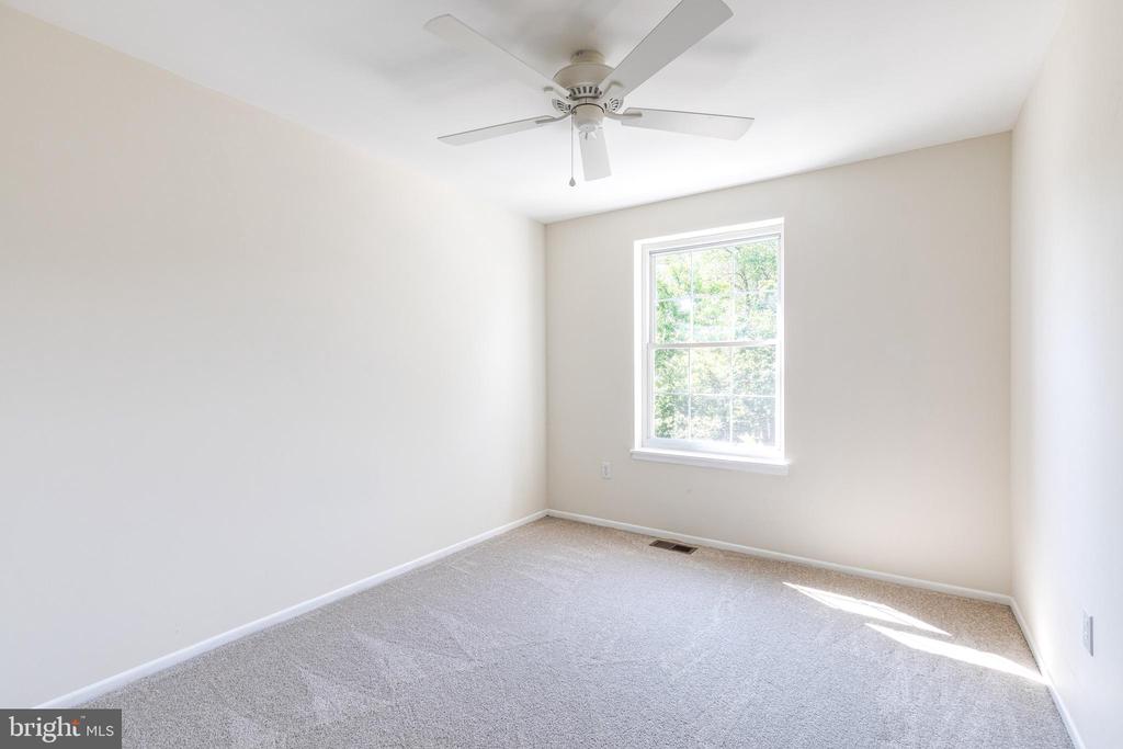 Empty carpeted bedroom with a ceiling fan and a sunlit window.