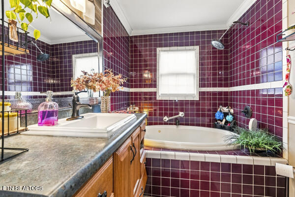 Bathroom with burgundy tile, a bathtub, and a wood vanity with stone countertop.