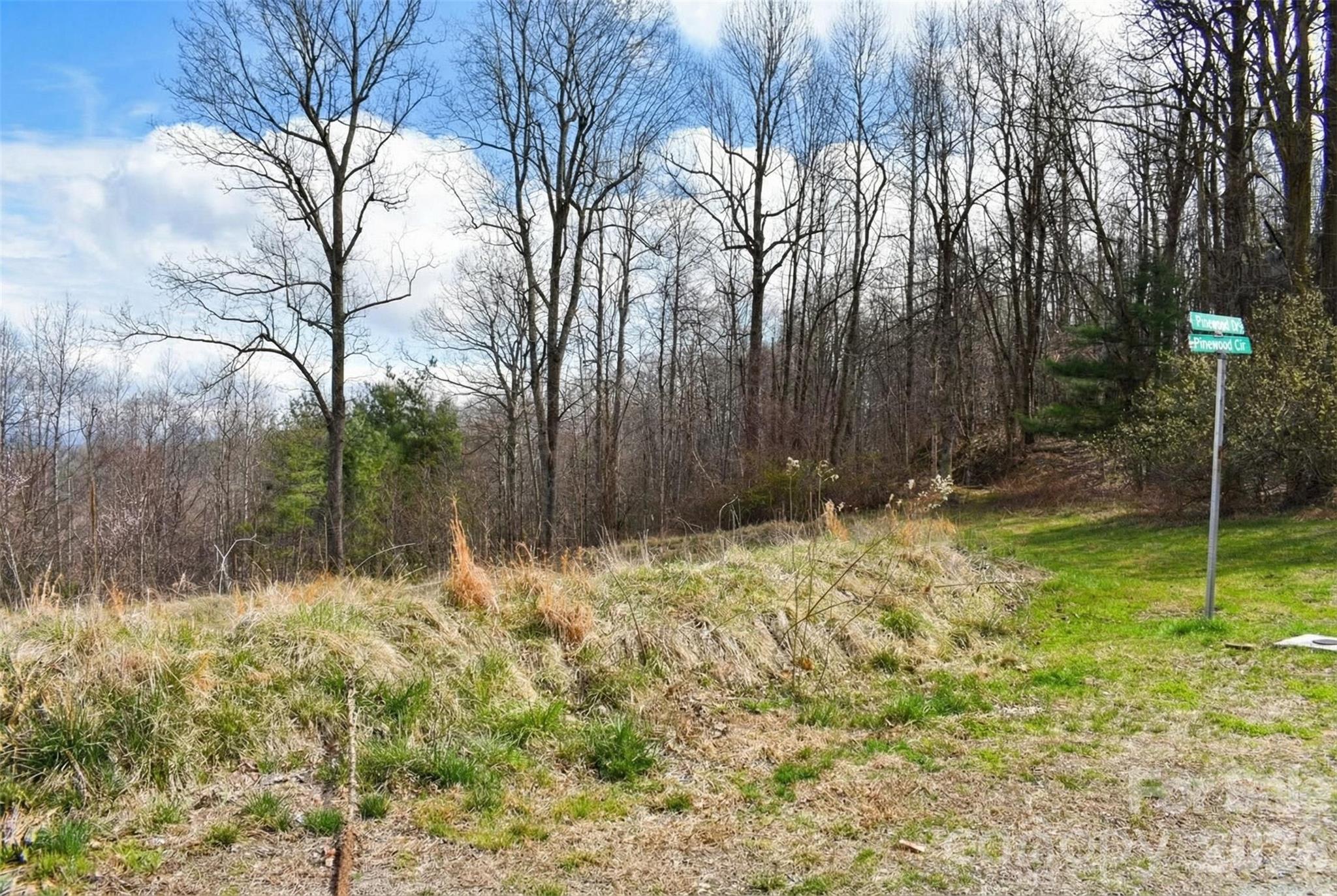 Wooded, sloping lot with a grassy clearing and Pinewood Circle street sign.