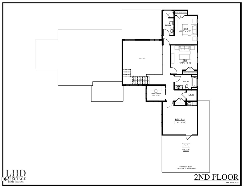 Second-floor home plan with bedrooms, bathrooms, closets, and attic access.