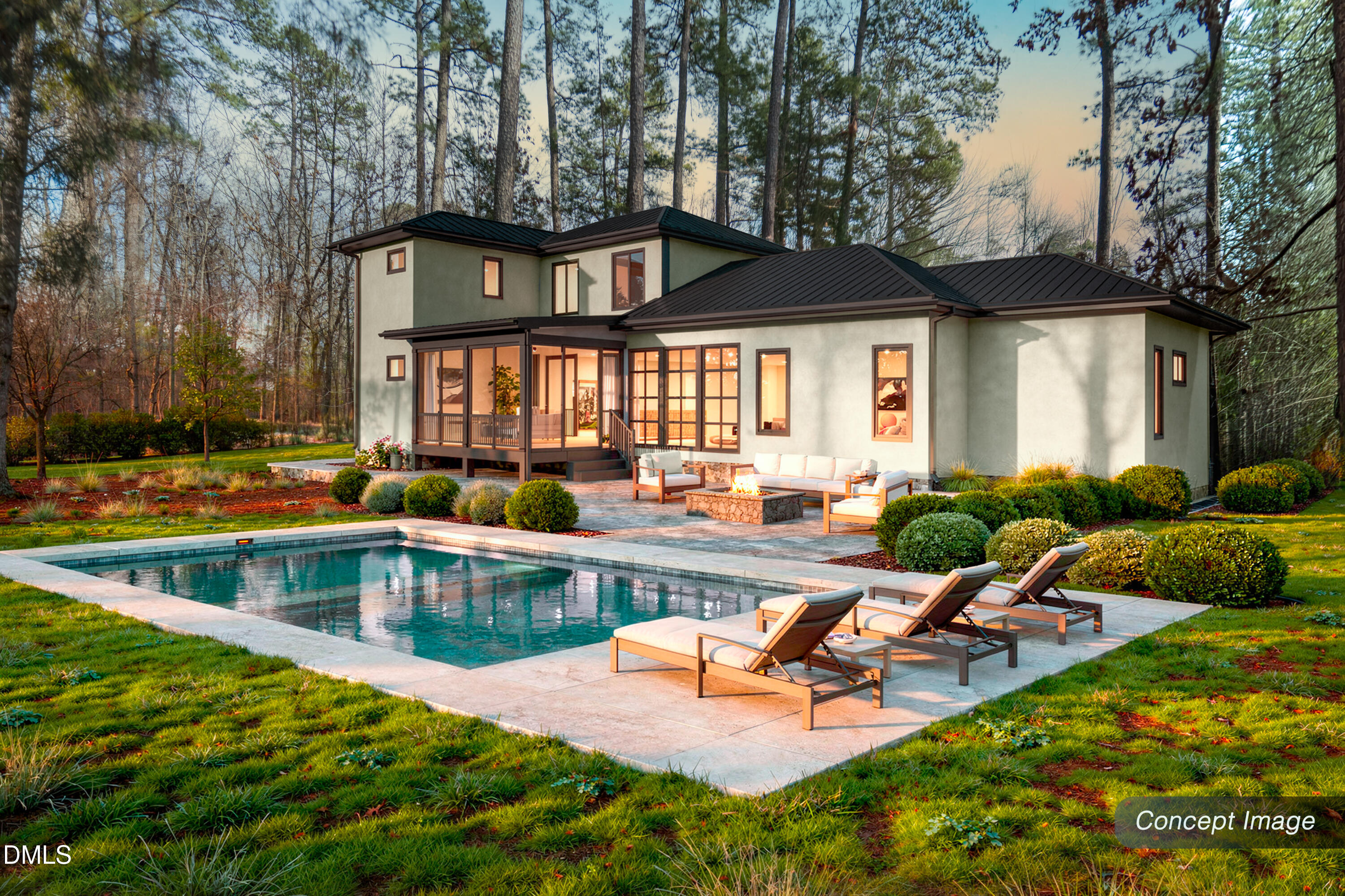 Modern home with a backyard pool, patio lounge chairs, and outdoor fire feature.