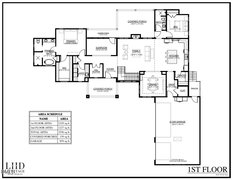 First-floor plan with a primary suite, family room, kitchen, sunroom, covered porches, and a three-car garage.