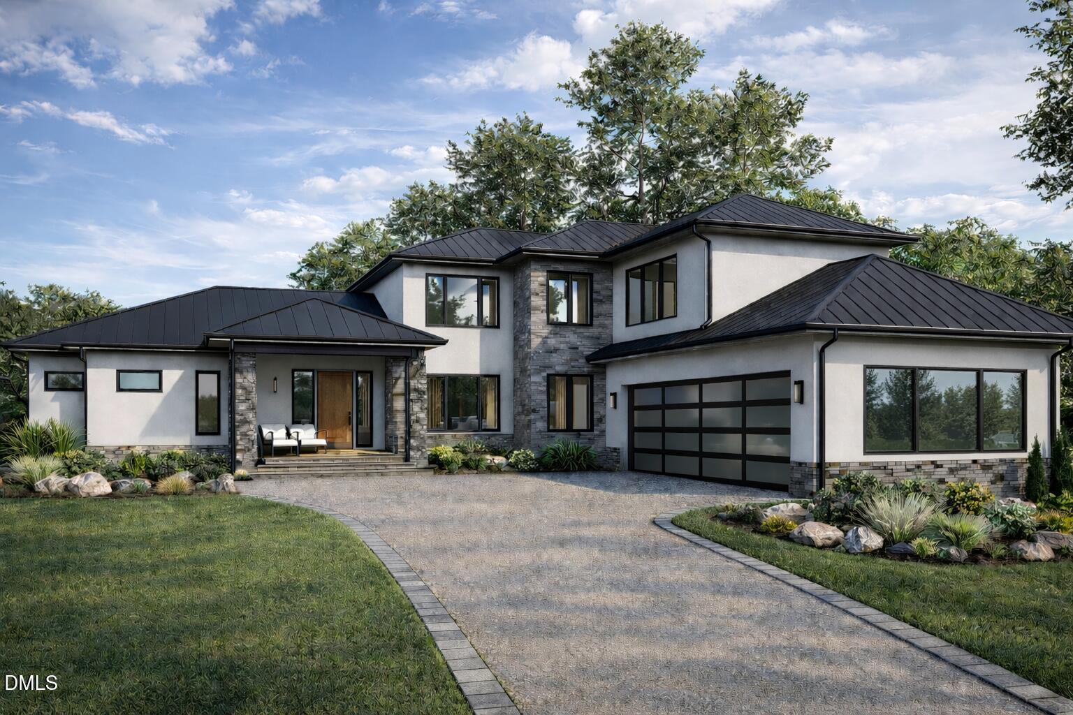 Modern two-story home with stone accents, dark metal roofs, and a curved driveway.