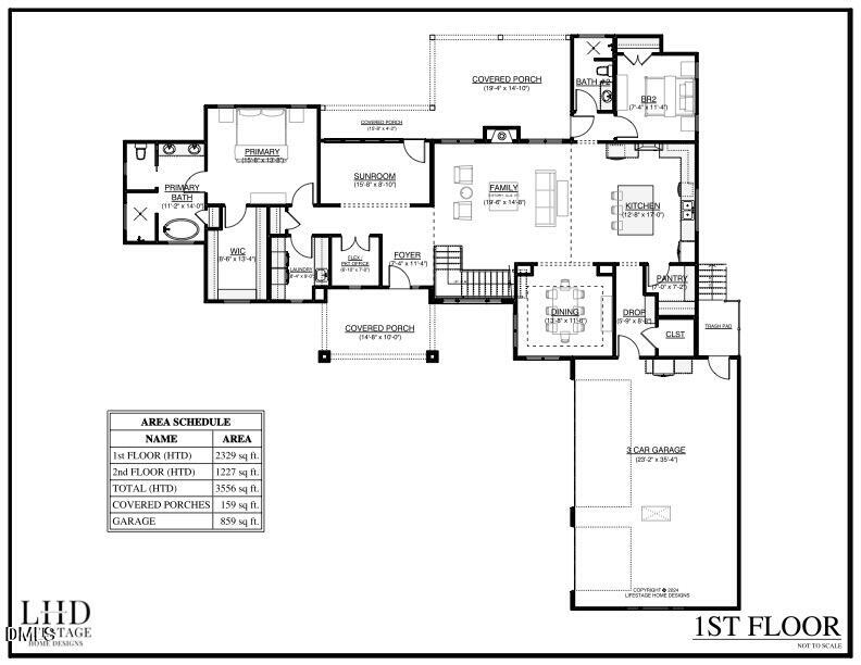 First-floor house plan with a primary suite, sunroom, open family and dining areas, covered porches, and a three-car garage.