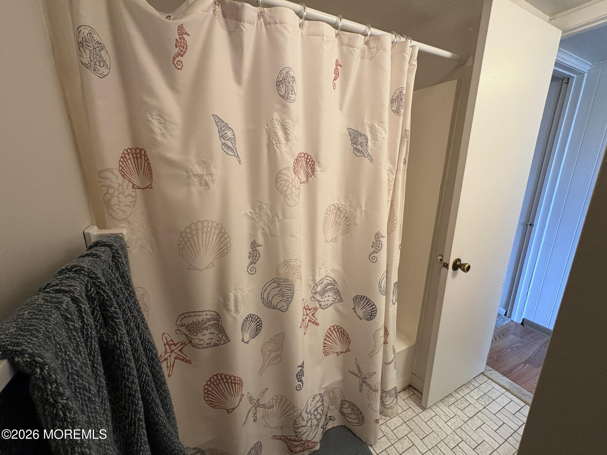 Bathroom with a seashell-patterned shower curtain and tiled floor.
