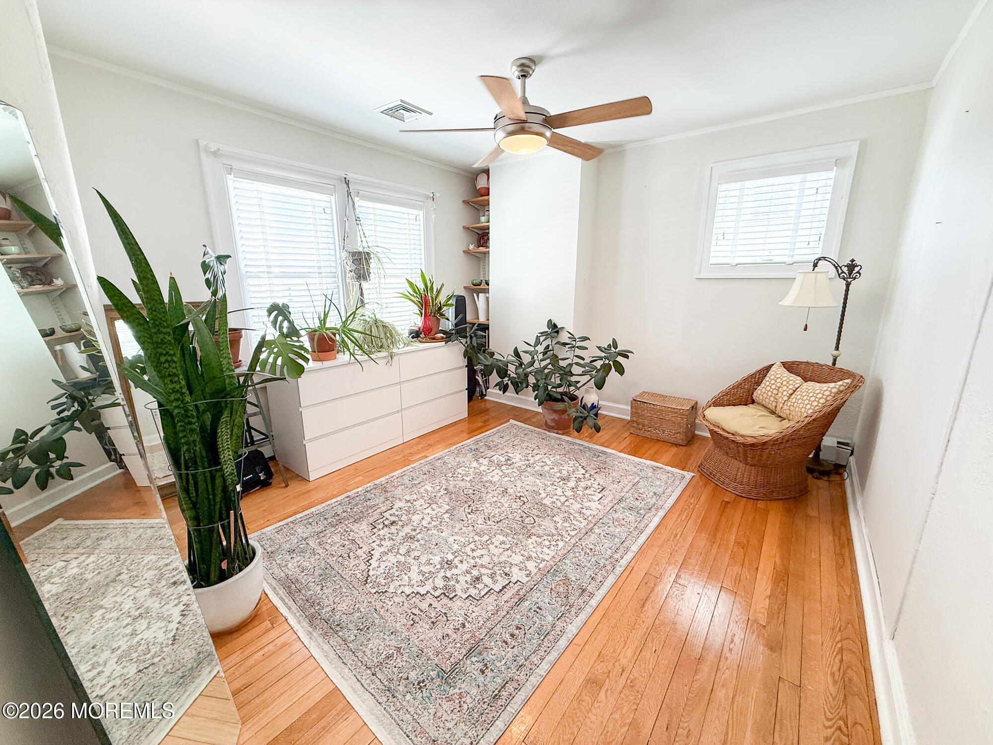 Bright sitting room with hardwood floors, a wicker chair, patterned rug, and potted plants.