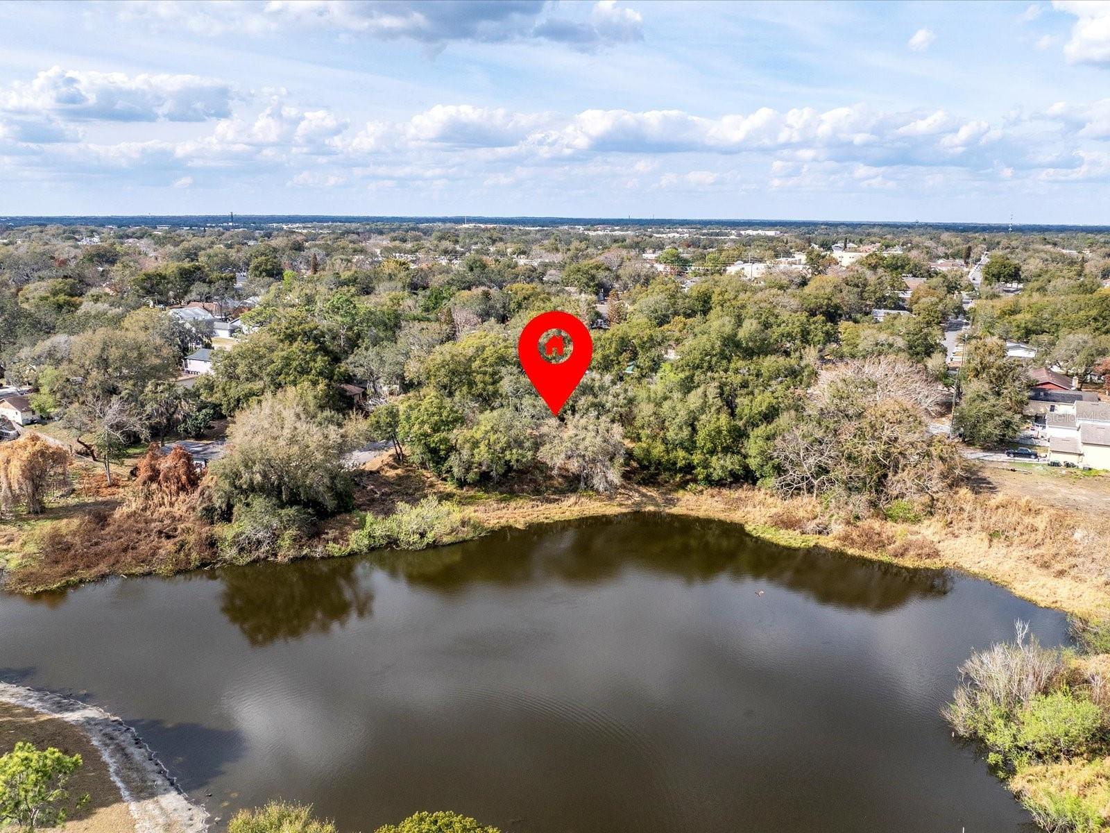 Aerial neighborhood view with a pond in the foreground and a red pin marking the property.