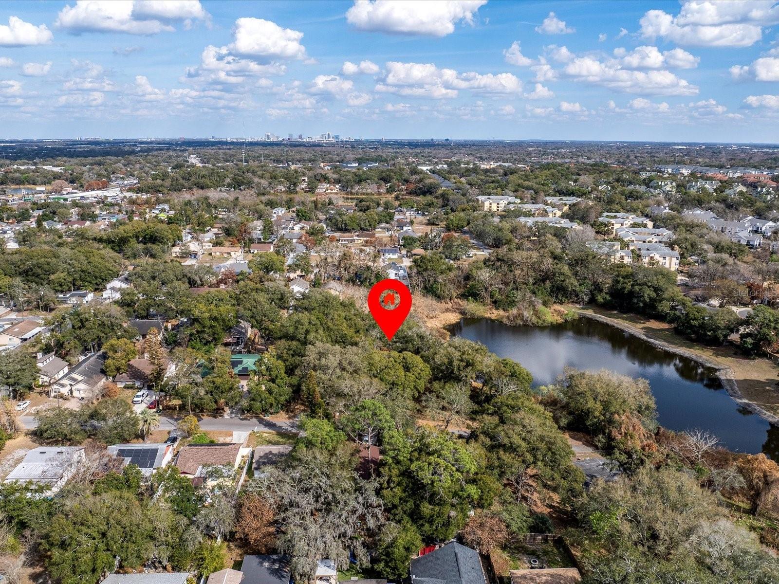 Aerial view of a wooded property beside a lake, with Orlando’s skyline in the distance.