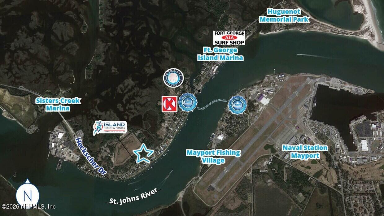 Satellite map marking a location on Heckscher Drive near the St. Johns River and Mayport.