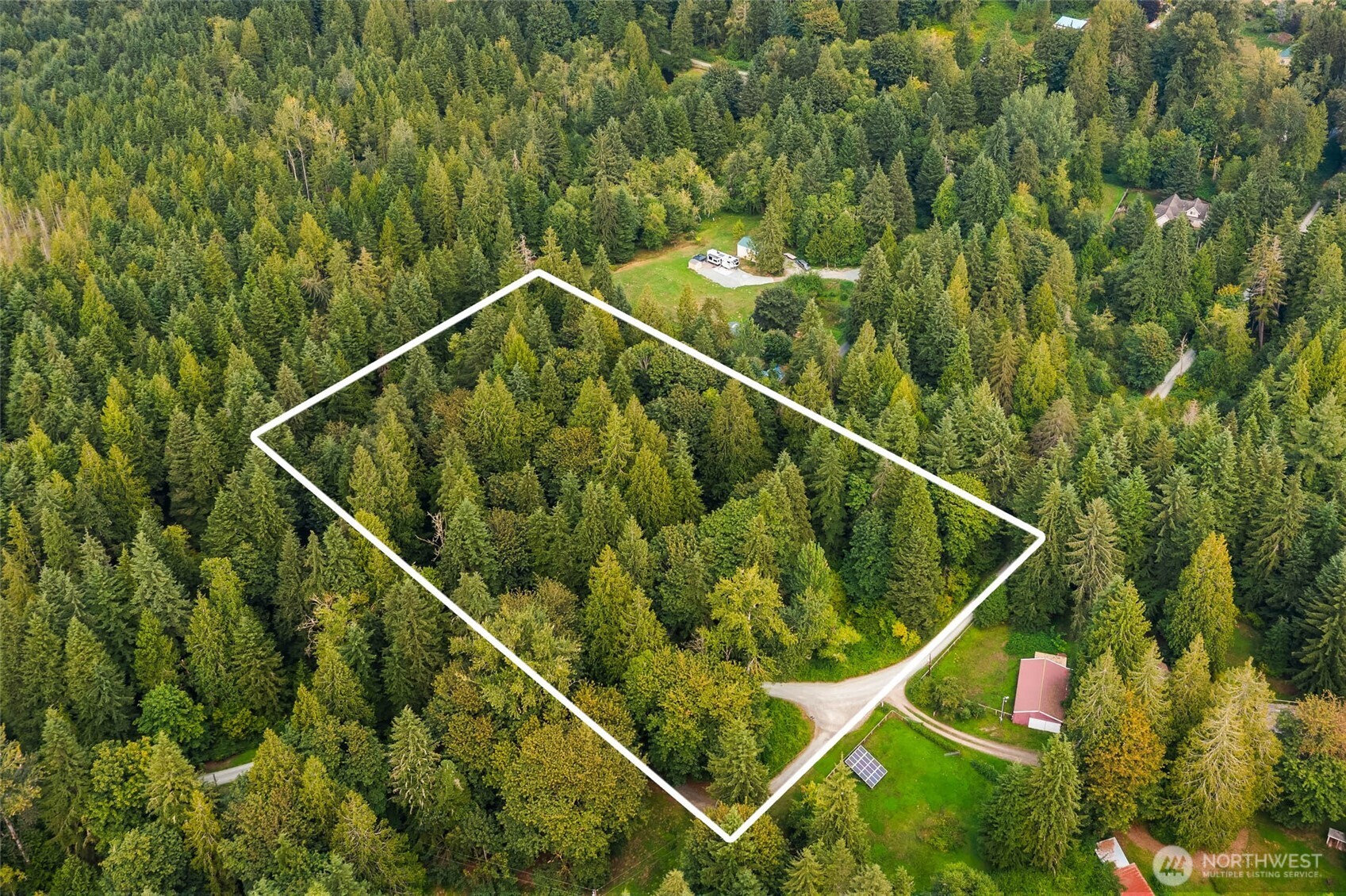 Aerial view of a wooded parcel outlined in white, with a driveway and nearby homes.
