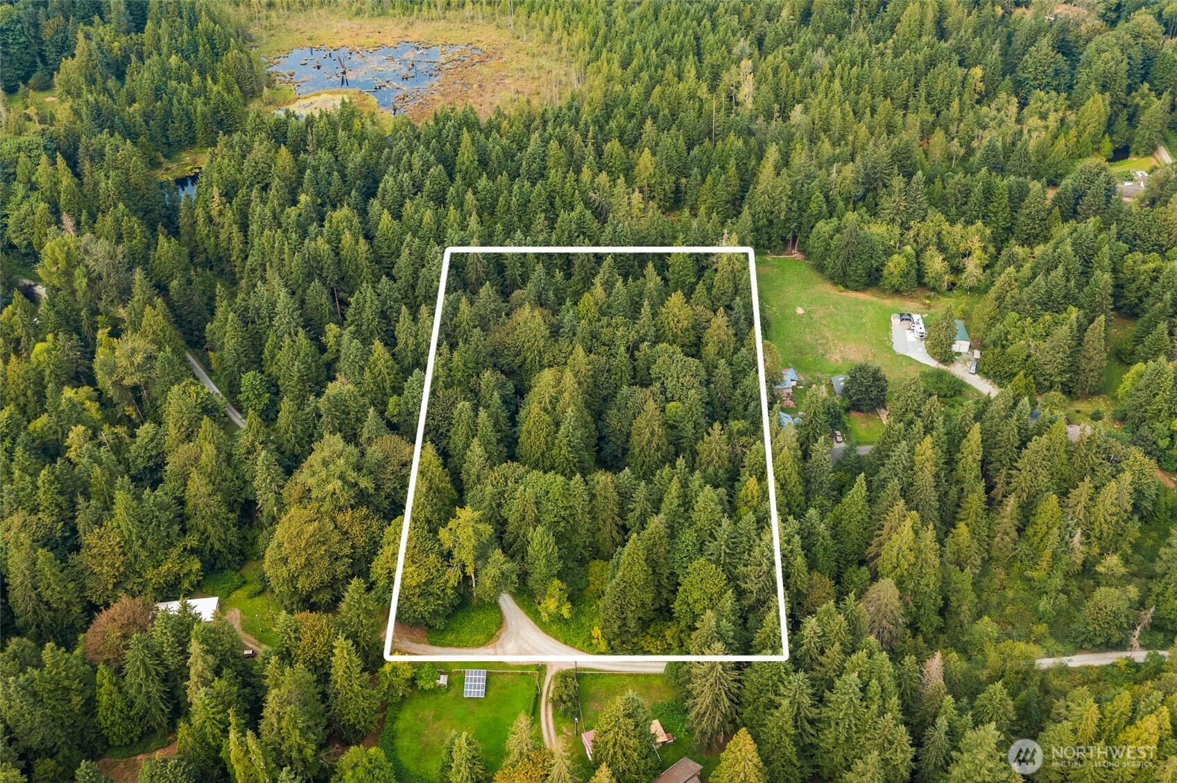 Aerial view of a forested parcel outlined in white, with a gravel access road.