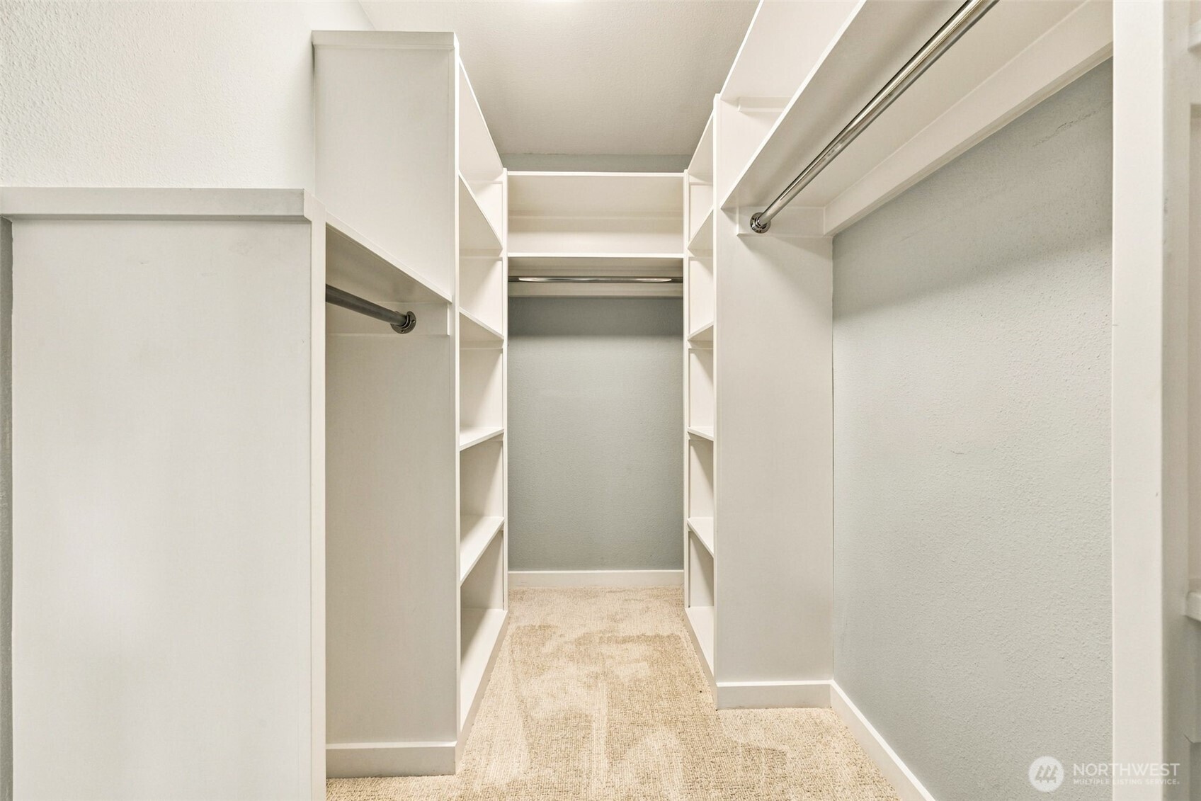 Walk-in closet with white built-in shelves, hanging rods, and beige carpet.