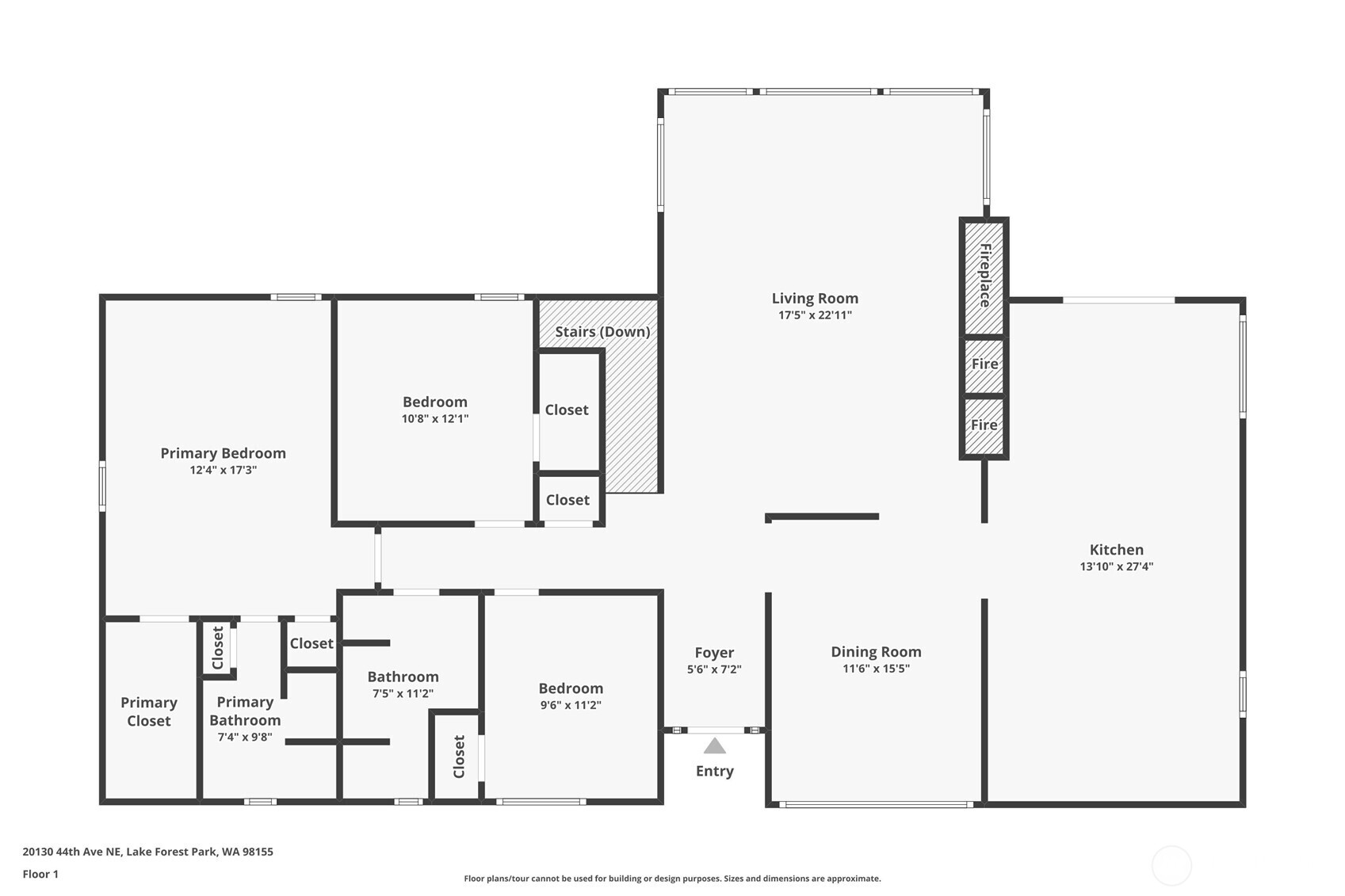 First-floor plan with three bedrooms, living and dining rooms, kitchen, and primary suite.