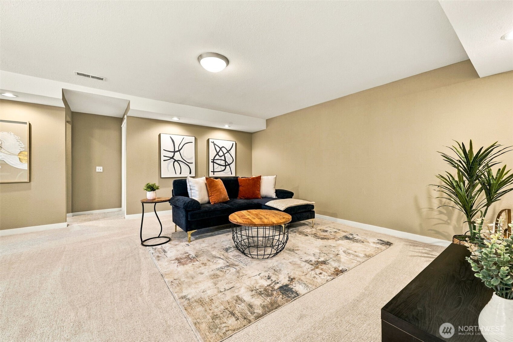 Staged living room with a dark sofa, patterned rug, abstract art, and potted plants.