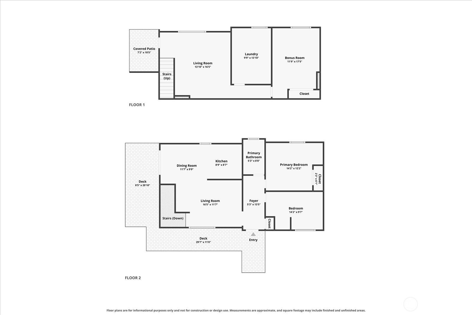 Two-level floor plan showing labeled rooms, stairs, decks, and a covered patio.