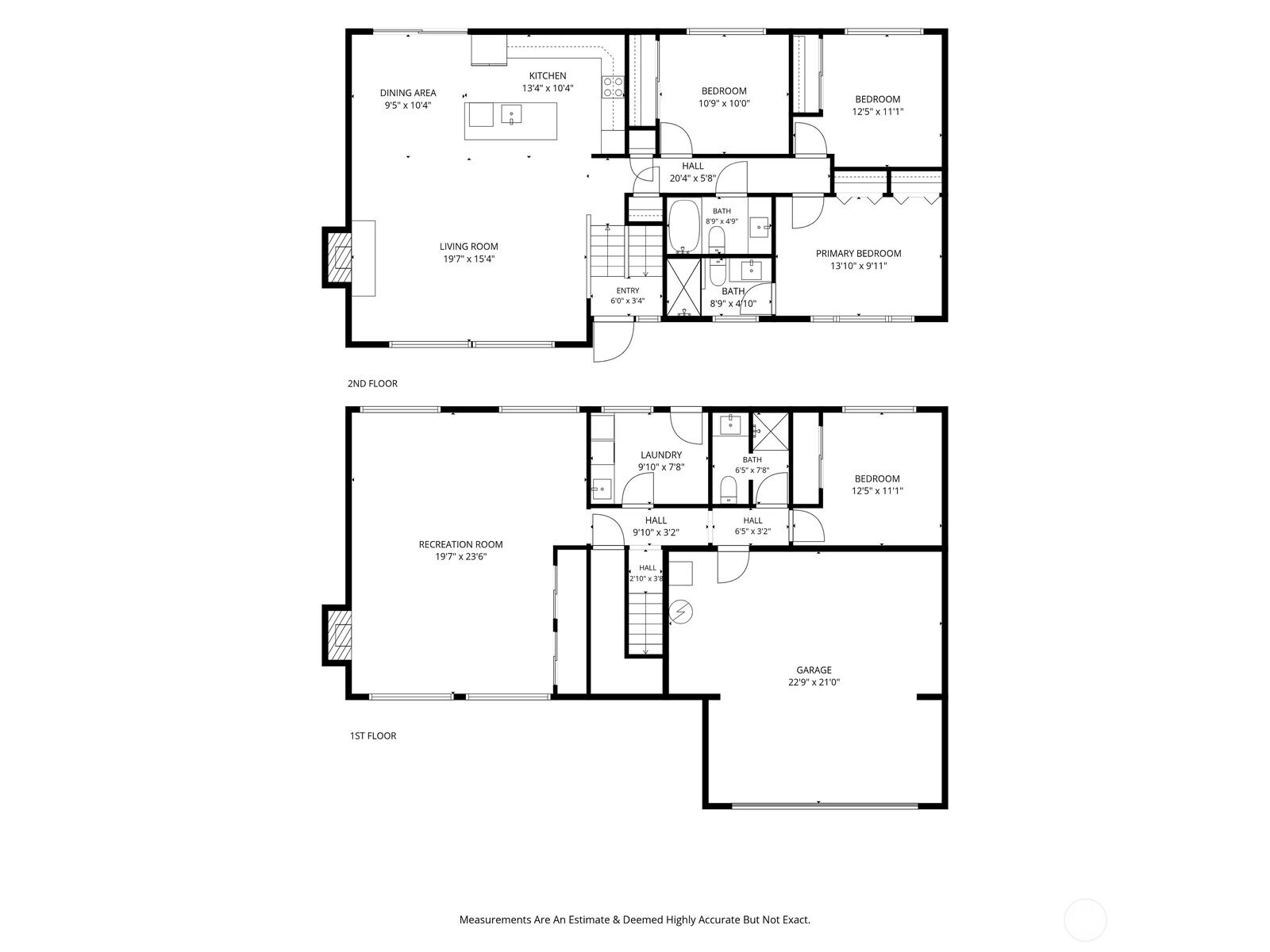 Two-level home floor plan with labeled rooms, dimensions, and garage.