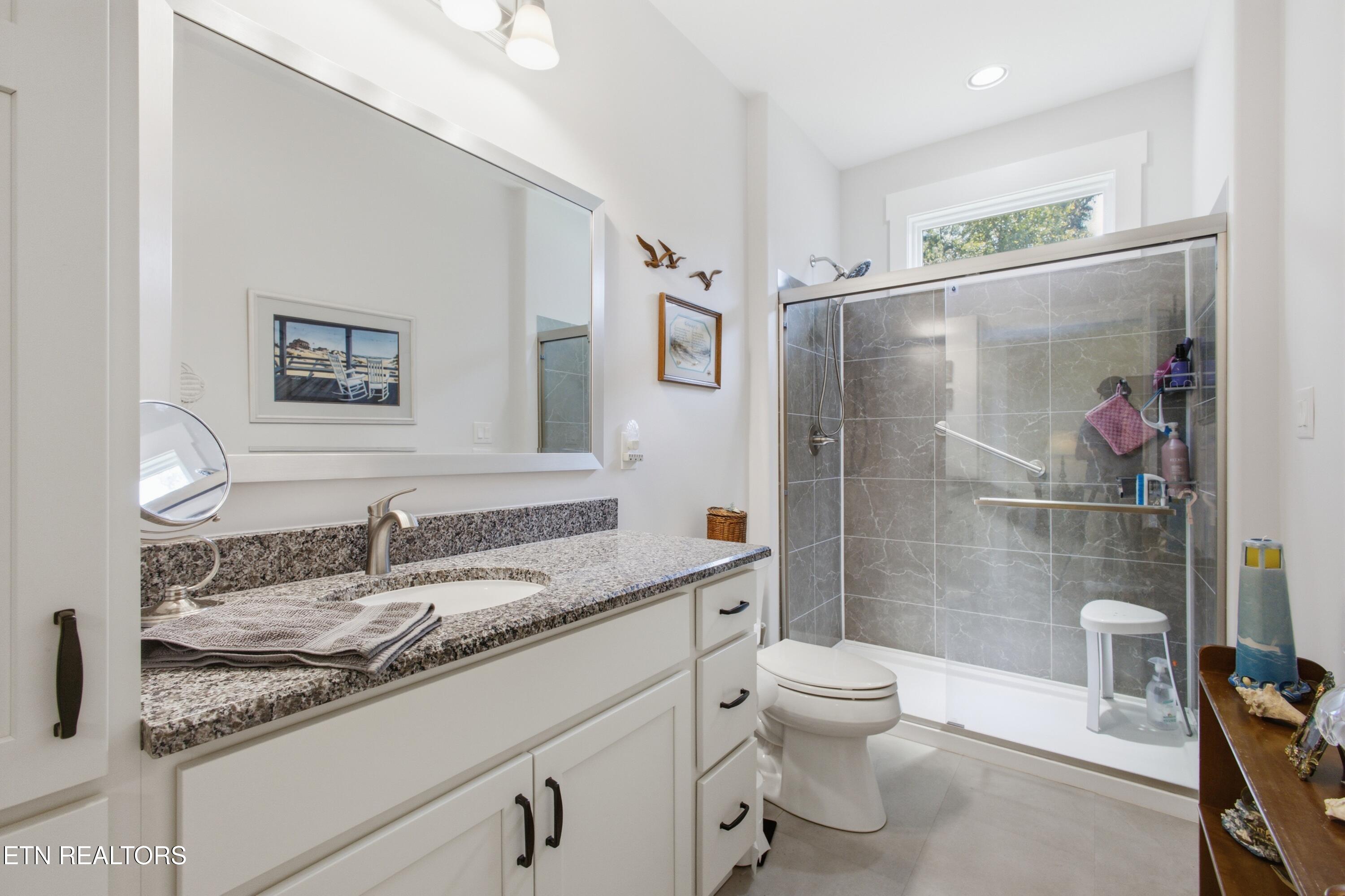 Bathroom with a granite vanity and mirror beside a gray-tiled walk-in shower with grab bars.