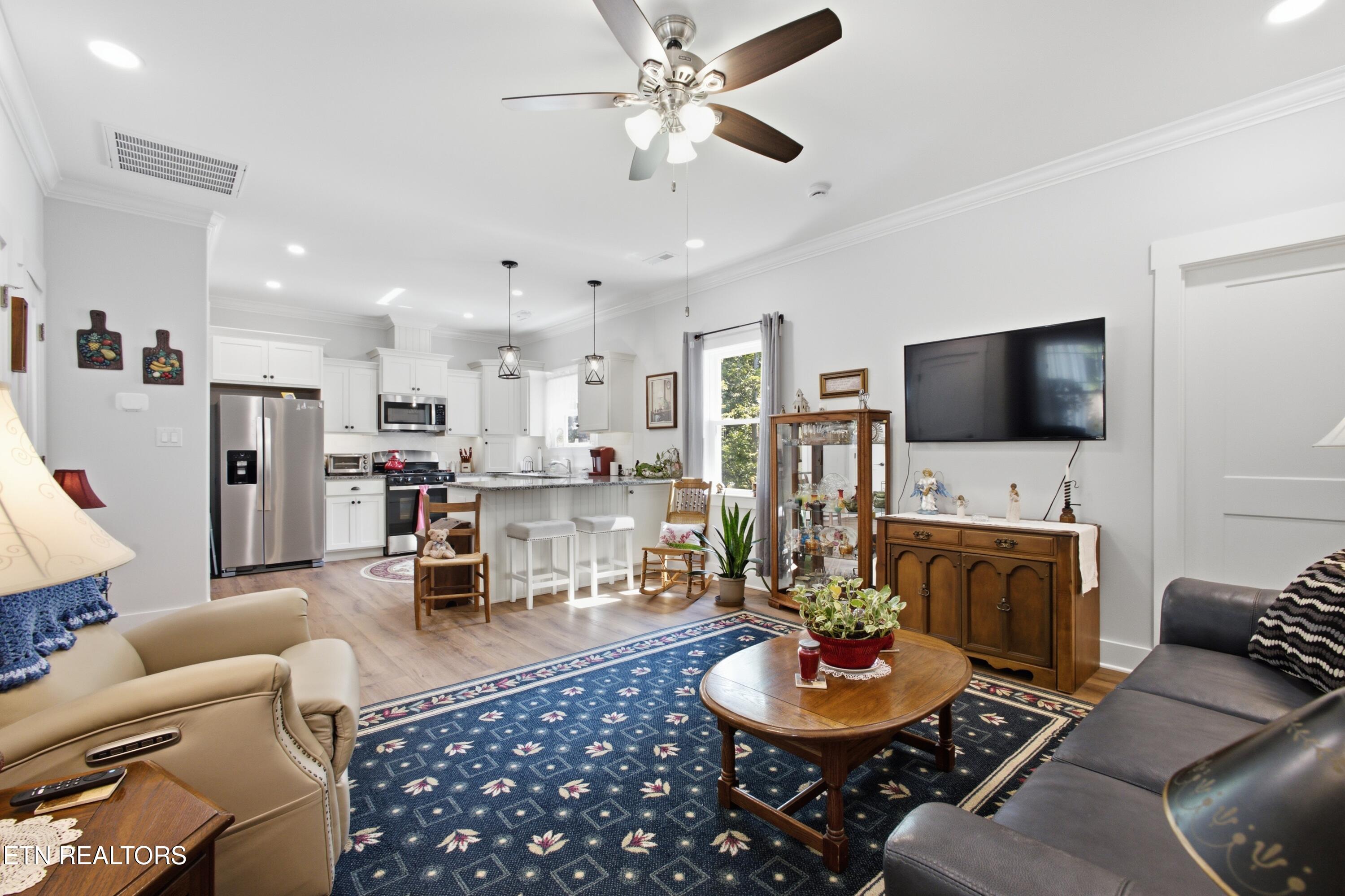 Open-plan living room and kitchen with white cabinetry, stainless appliances, and a blue patterned rug.