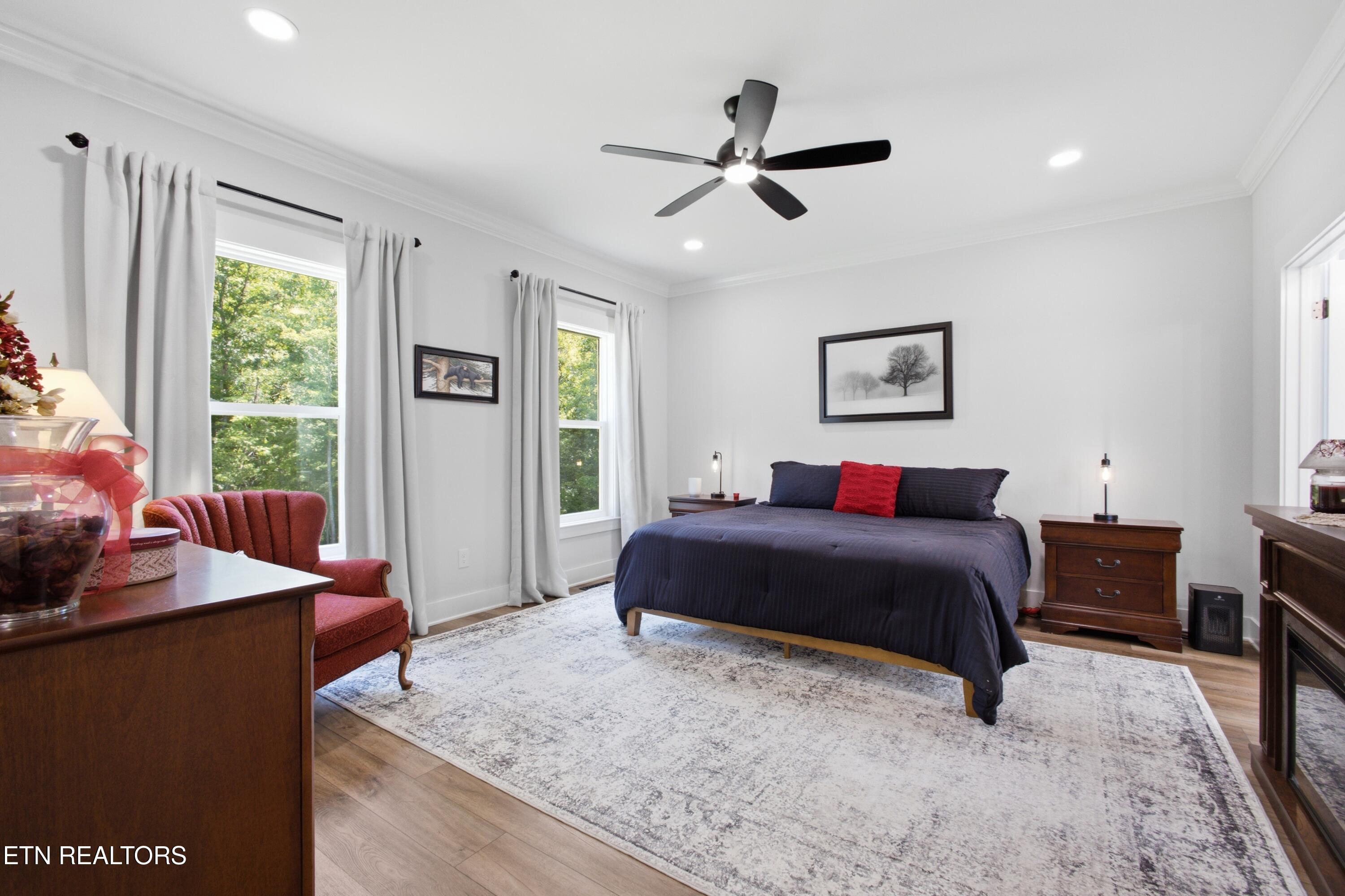 Furnished bedroom with a dark bed, red accent pillow, and large curtained windows.