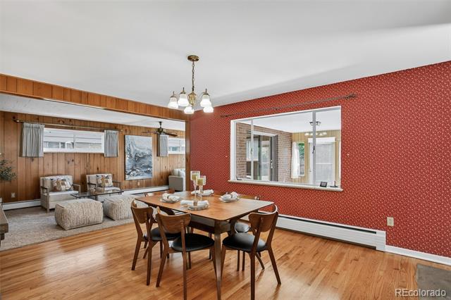 Dining room with hardwood floors, a wood table, and a red patterned accent wall.