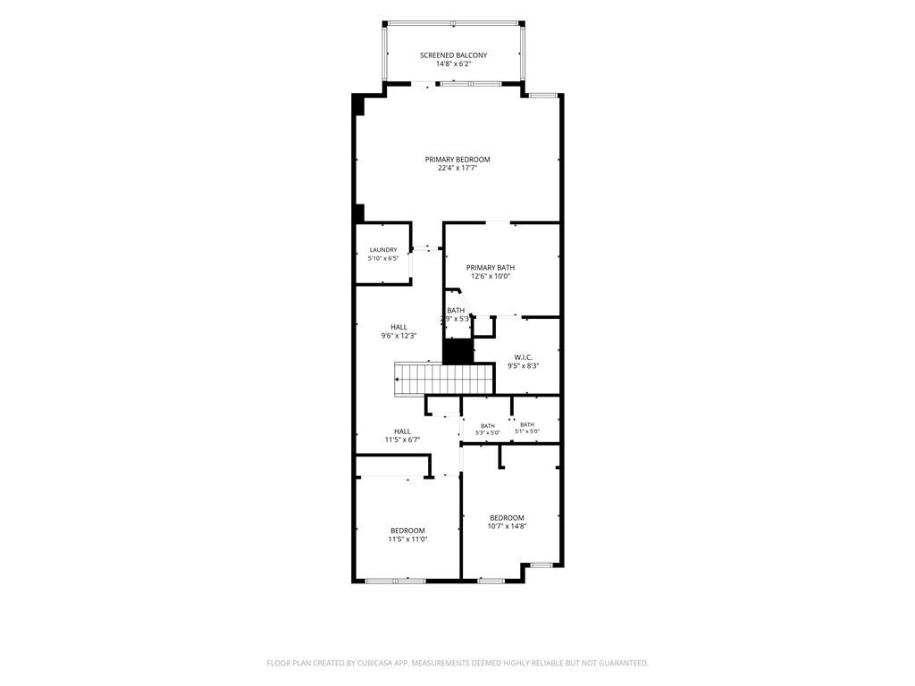 Floor plan showing a primary bedroom, two additional bedrooms, bathrooms, laundry, and screened balcony.