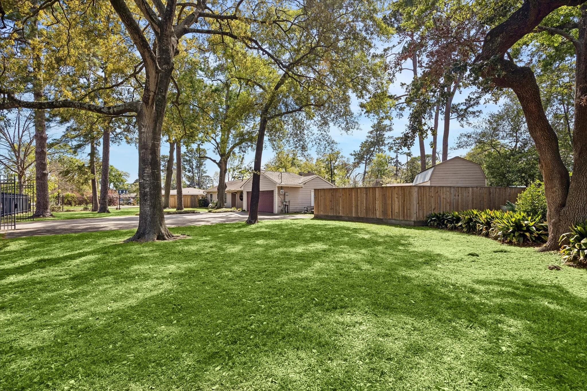 Grassy backyard with mature trees, a wooden fence, and the rear of a single-story home.