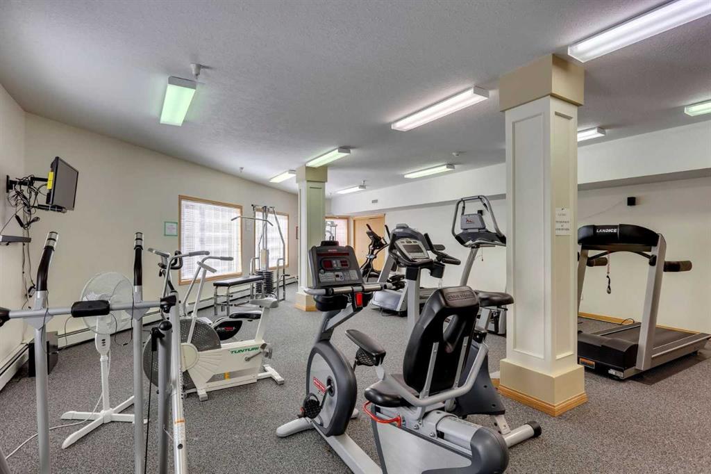 Fitness room with stationary bikes, treadmills, and weight equipment.