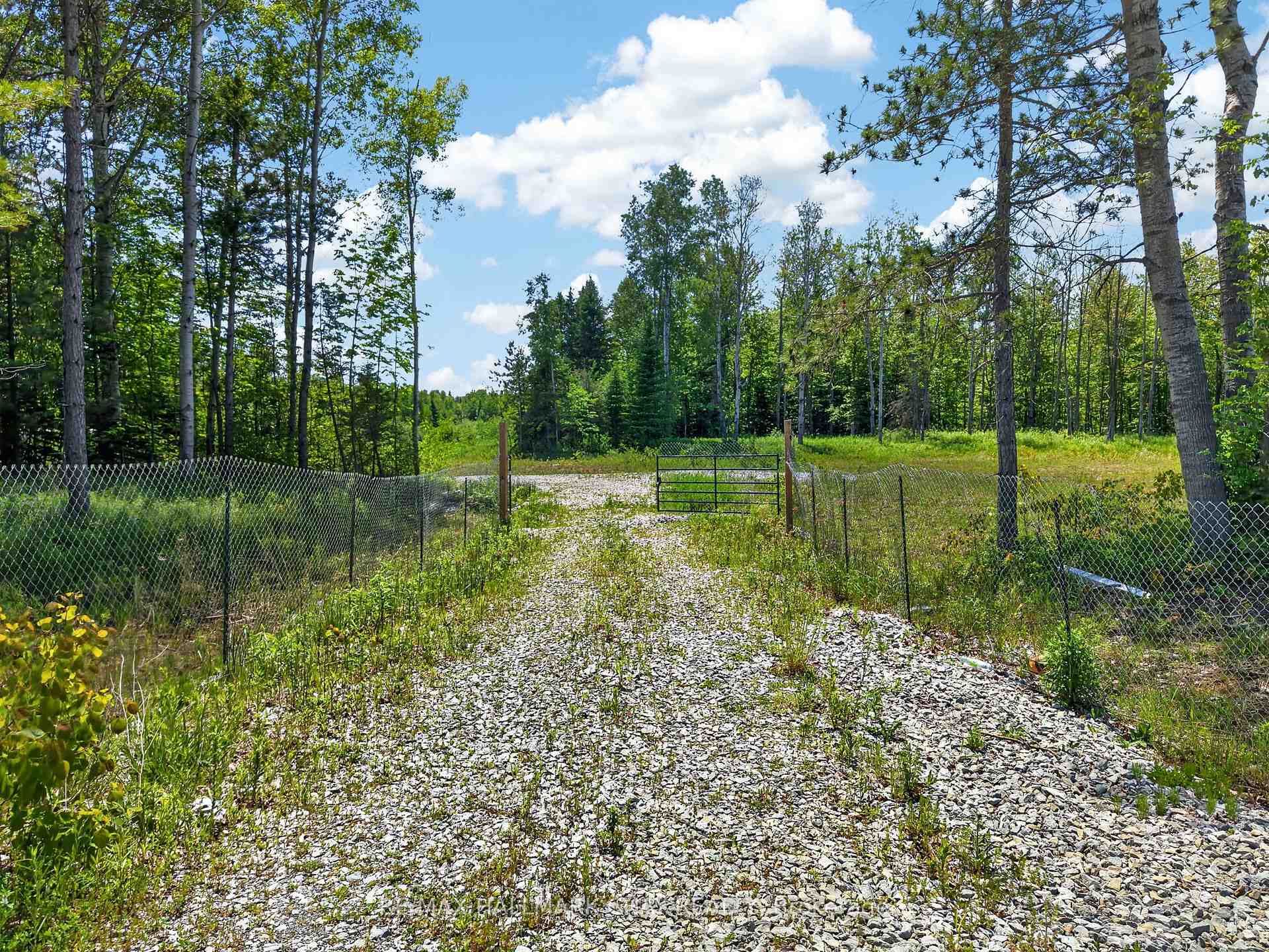 Gravel driveway and metal gate at a fenced, wooded property entrance.