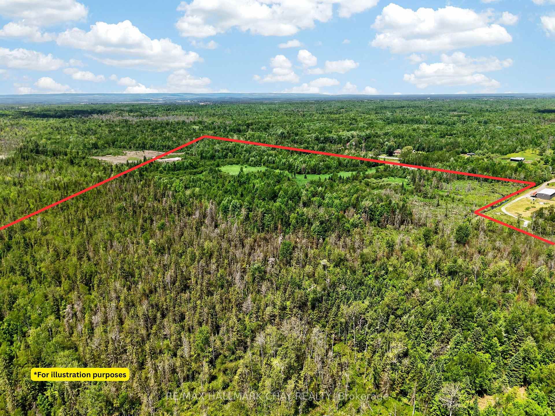 Aerial view of wooded land outlined in red, with a small clearing and nearby buildings.