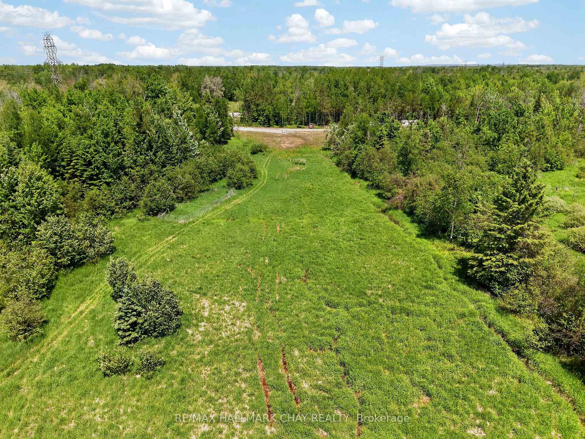Aerial view of a grassy clearing bordered by dense woodland, with tire tracks and power lines in the distance.